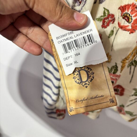 Democracy cream floral V-neck striped linen 3/4 sleeve size XLarge Roll Tab NEW - Picture 4 of 6